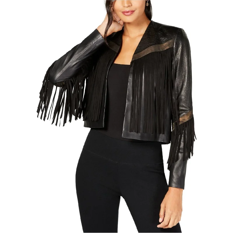 women's outdoor fleece jacket -Rachel Zoe Womens Fringe-Trim Leather Jacket