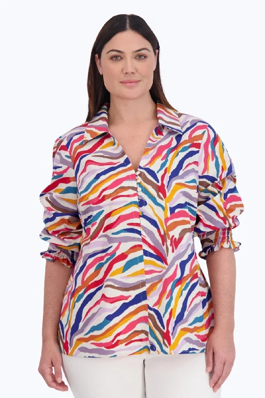 women's ruffle sleeve short sleeve blouse -Alexis Plus No Iron Colorful Zebra Popover