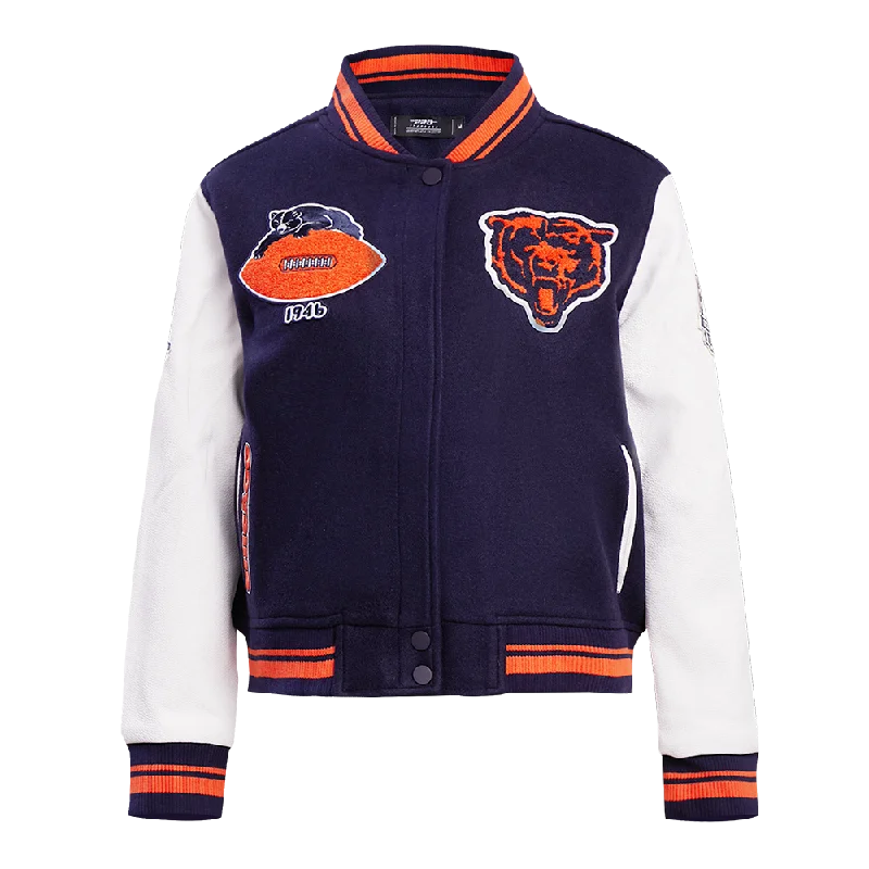 lightweight packable jacket for women -NFL CHICAGO BEARS RETRO CLASSIC WOMEN'S RIB WOOL VARSITY JACKET (MIDNIGHT NAVY/ORANGE/MIDNIGHT NAVY)