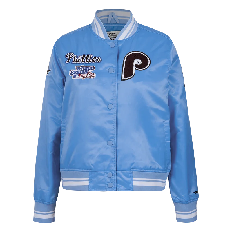 women's thermal long coat -MLB PHILADELPHIA PHILLIES RETRO CLASSIC WOMEN'S RIB SATIN JACKET (UNIVERSITY BLUE)