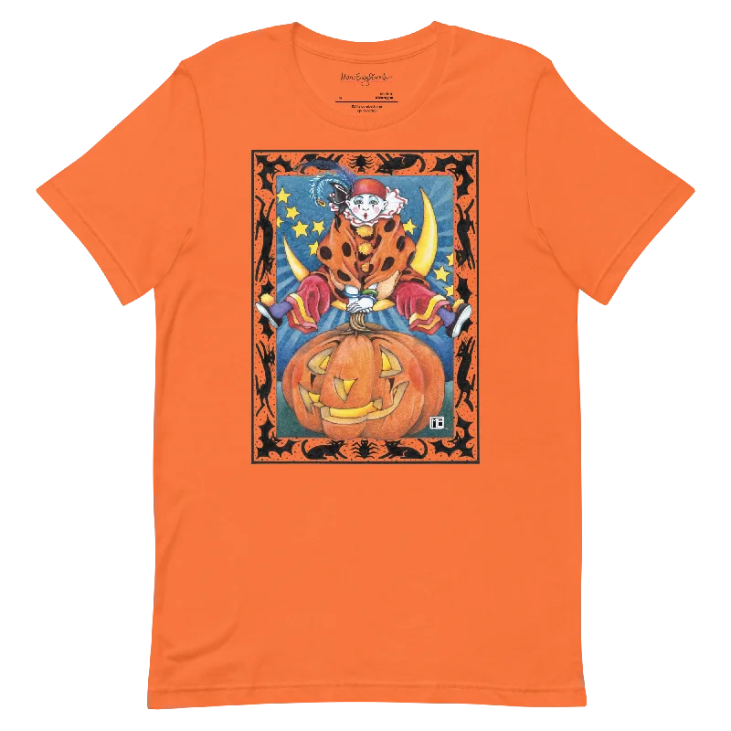 stylish urban short sleeve tees for women -Clown Jumping Over Pumpkin Unisex T-Shirt