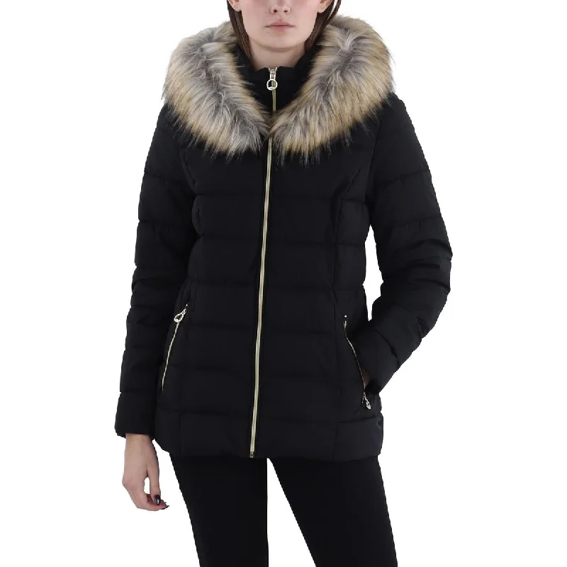 women's belted trench coat -Laundry by Shelli Segal Womens Faux Fur Trim Hooded Puffer Jacket