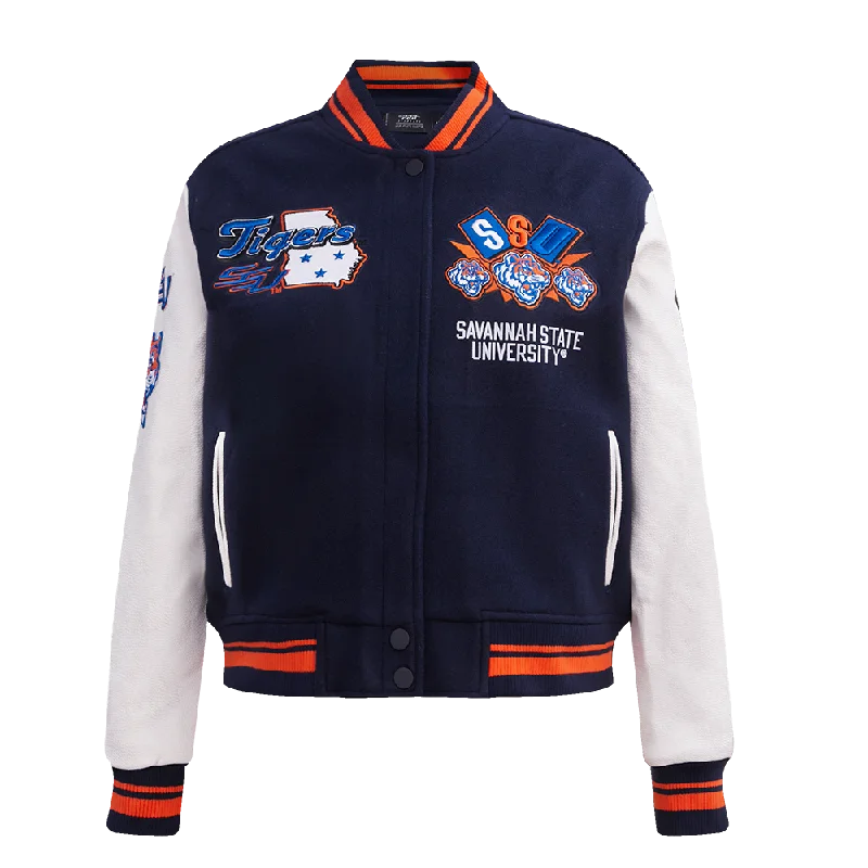 ladies' fur-lined jacket -SAVANNAH STATE UNIVERSITY HOMECOMING RIB WOOL VARSITY JACKET (MIDNIGHT NAVY/ORANGE/MIDNIGHT NAVY)