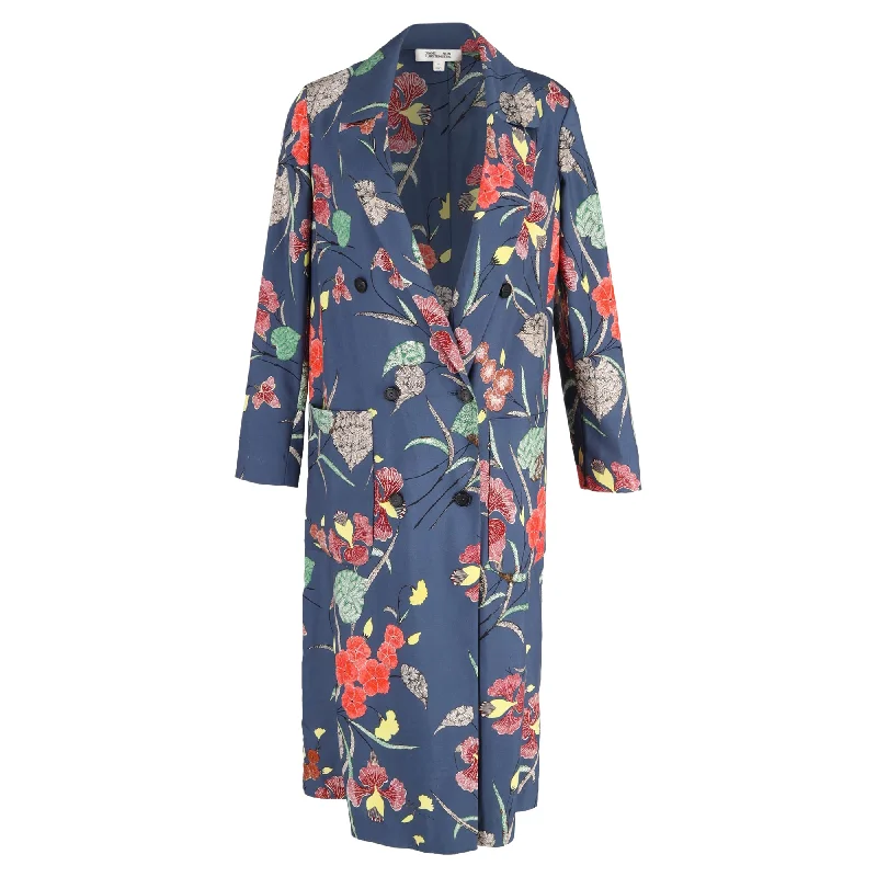 ladies' wool overcoat -Diane Von Furstenberg Floral Print Double-Breasted Coat in Blue Polyester