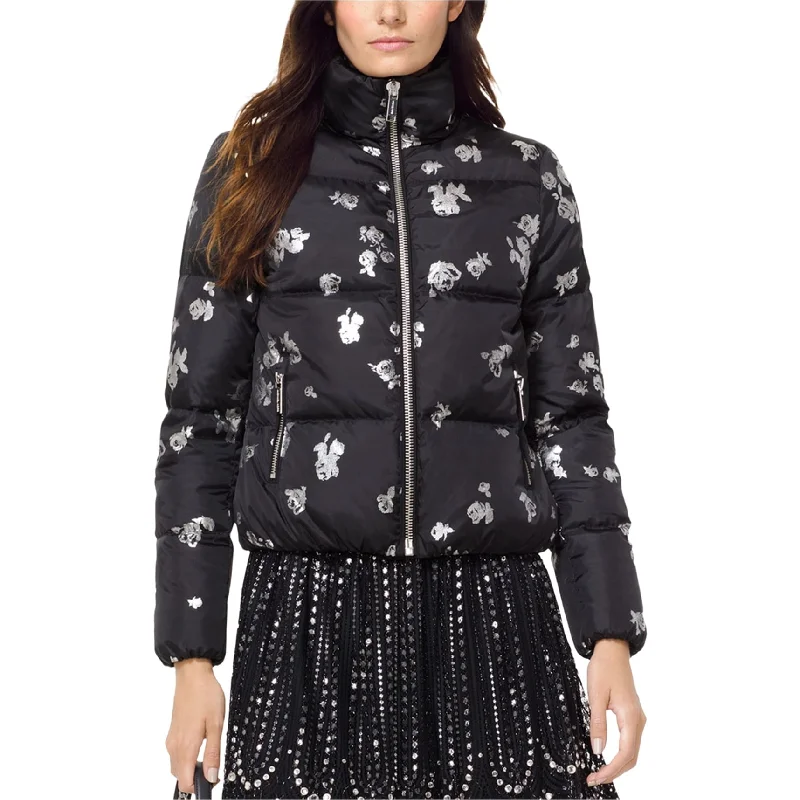 sporty track jacket for women -Michael Kors Womens Foil Printed Puffer Jacket, Black, X-Small