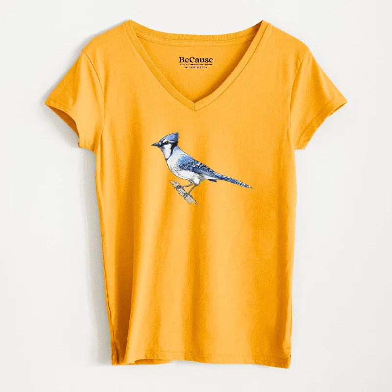 elegant short sleeve blouses for ladies -Vibrant Blue Jay - Cyanocitta cristata - Women's 100% Recycled V-neck