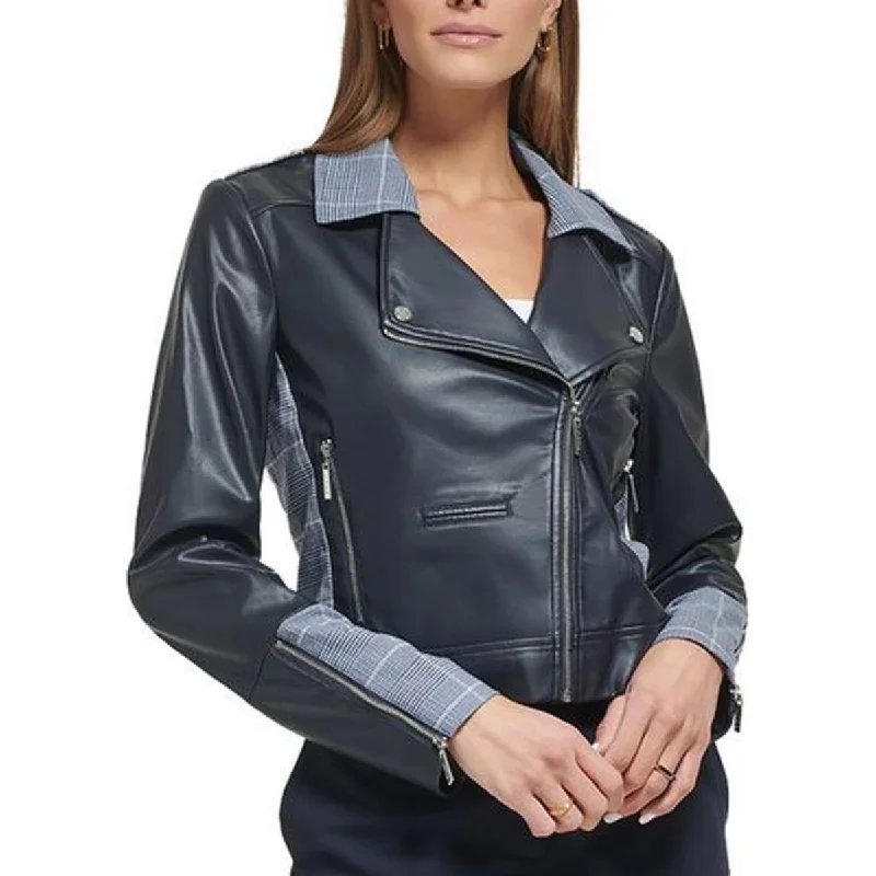 stylish leather jacket for women -DKNY Womens Plaid Trim Long Sleeve Motorcycle Jacket