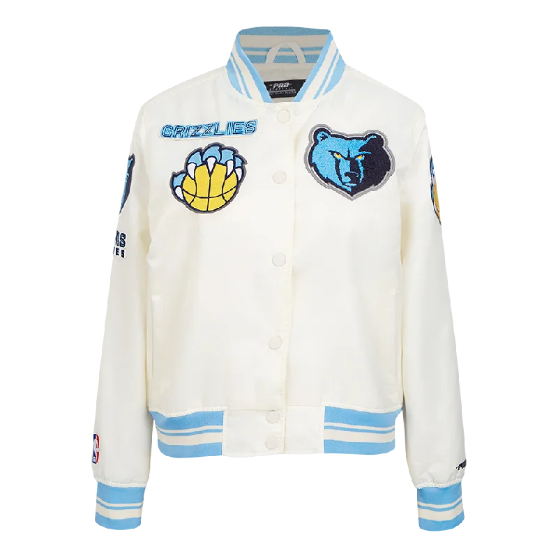 casual coats for women -NBA MEMPHIS GRIZZLIES RETRO CLASSIC WOMEN'S RIB SATIN JACKET (EGGSHELL/UNIVERSAL BLUE)