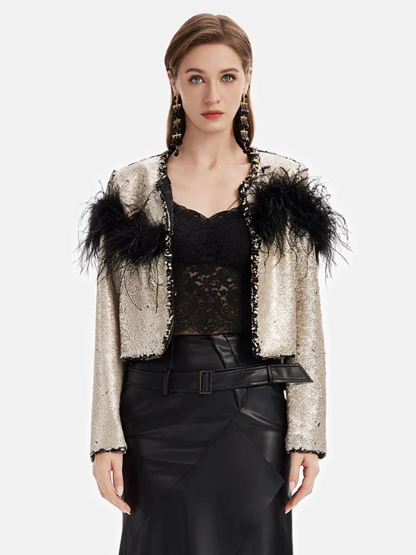 warm shearling coat for women -Ostrich Feather Embroidered Beaded Sequined Jacket