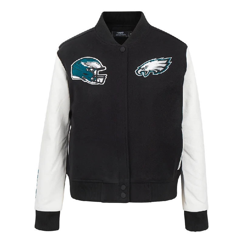 elegant long coat for women -NFL PHILADELPHIA EAGLES CLASSIC WOMEN'S WOOL VARSITY JACKET (BLACK/WHITE)