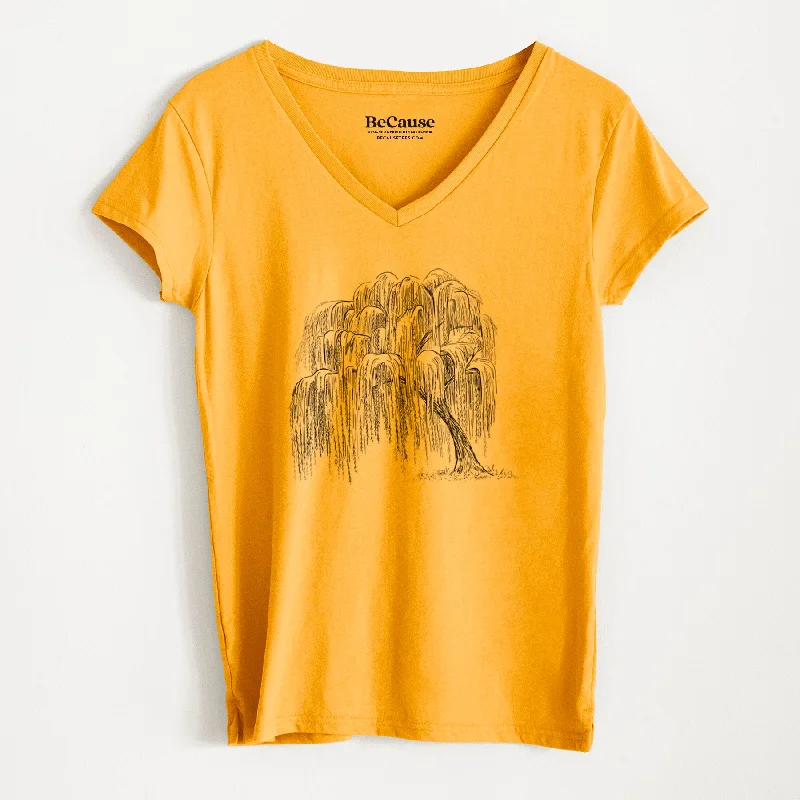 trendy split hem short sleeve tops for ladies -Weeping Willow - Salix babylonica - Women's 100% Recycled V-neck