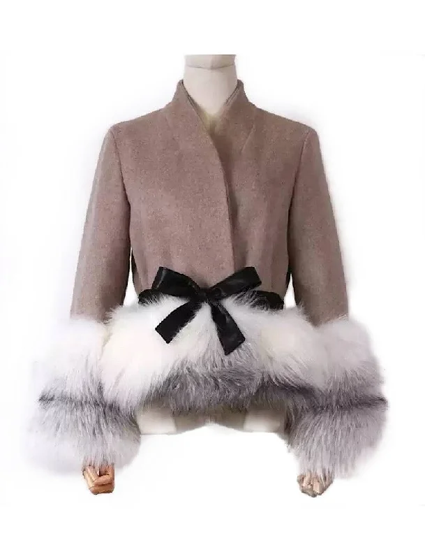 women's long trench coat -Cashmere Jacket with Dusty White Fox Fur Trim Leather Waist Tie