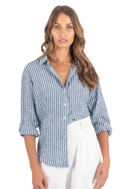 elegant pearl detail short sleeve blouse -Rina Indigo Blue Stripes Slim-Fit Linen Shirt