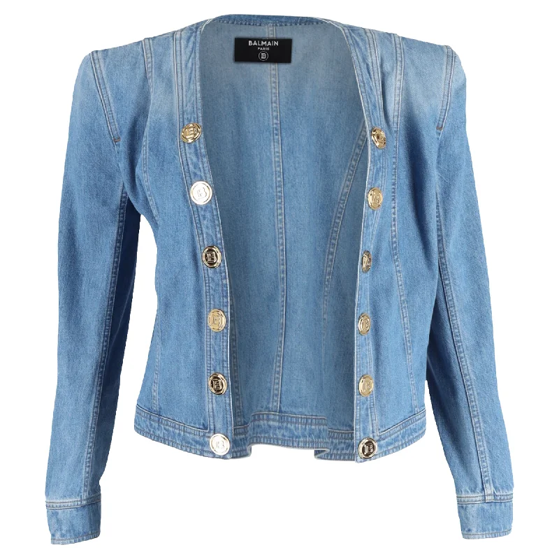 urban streetwear jacket for women -Balmain Button-Embellished Denim Jacket in Light Blue Cotton