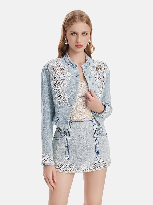 stylish leather jacket for women -French Lace Embroidered Denim Jacket