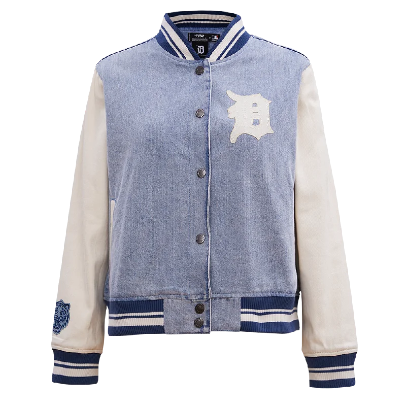 classic camel coat for ladies -MLB DETROIT TIGERS VARSITY BLUES WOMEN'S DENIM VARSITY JACKET (DENIM/LINEN)