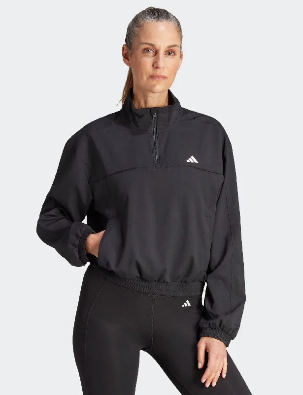 women's asymmetrical zip jacket -AEROREADY Train Essentials Woven Quarter-Zip Track Jacket - Black/White