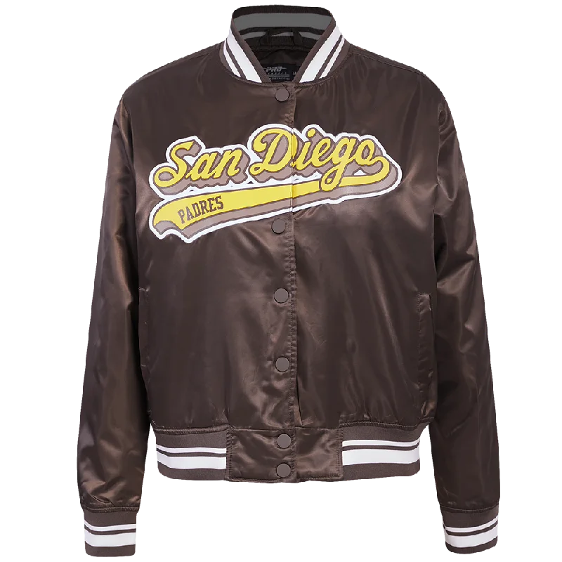 women's casual denim jacket -MLB SAN DIEGO PADRES SCRIPT TAIL WOMEN'S SATIN JACKET (BROWN)