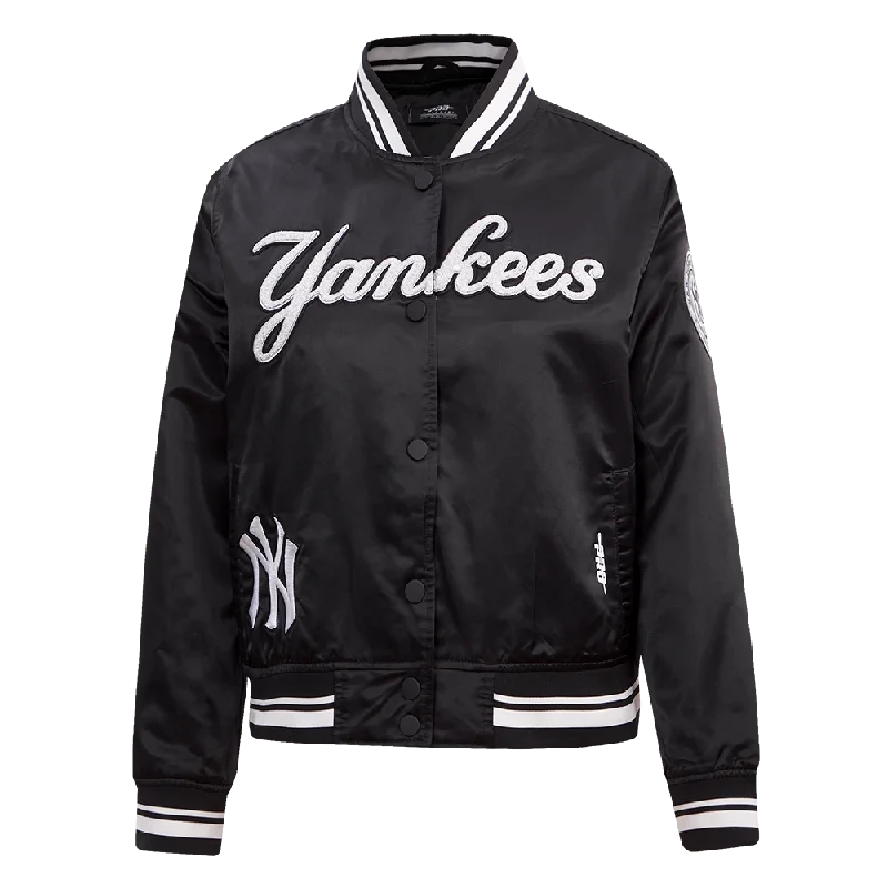 winter parka for women -MLB NEW YORK YANKEES PEARLS WOMEN'S RIB SATIN JACKET (BLACK)