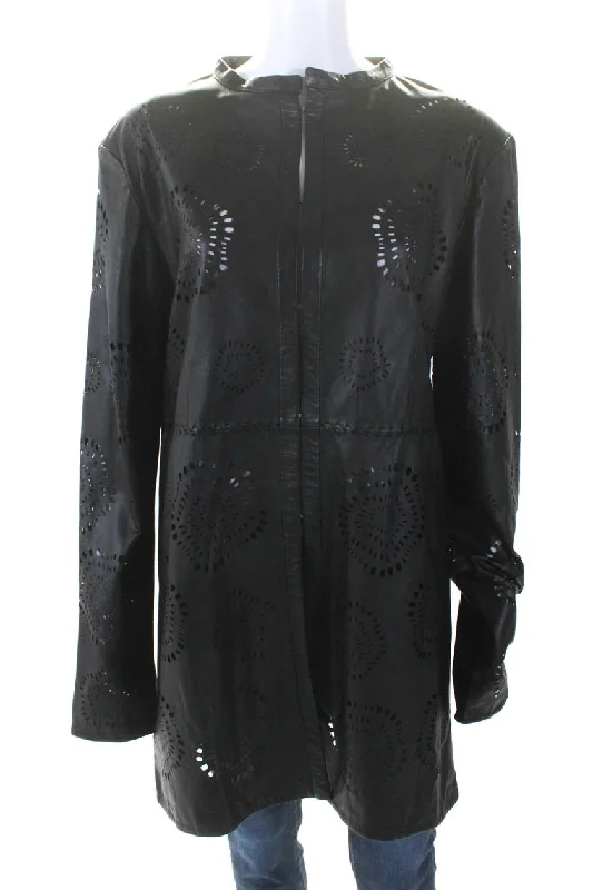 women's outdoor fleece jacket -In Transit Womens Laser Cut Long Hook & Eye Leather Jacket Black