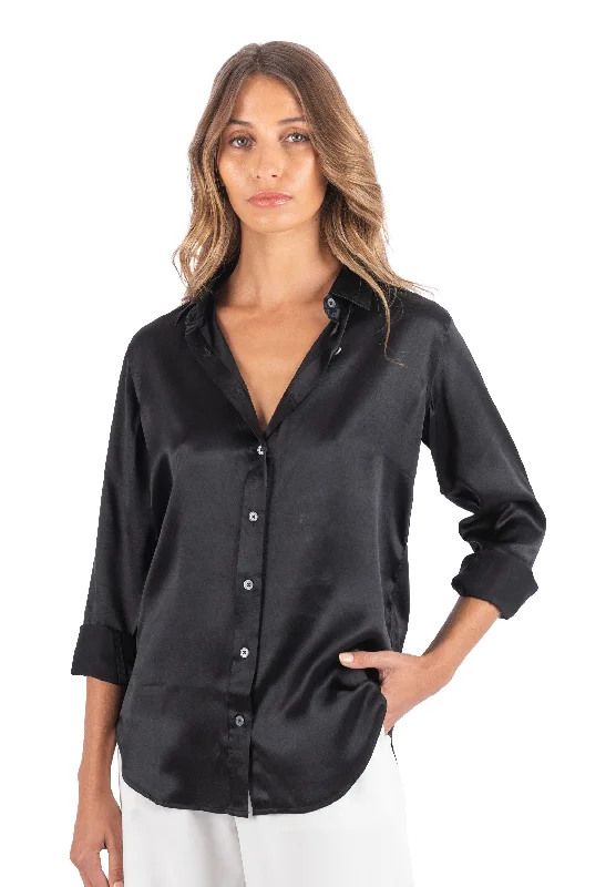 lightweight travel short sleeve shirts for women -Satin-Silk Black Classic Fit Charmeuse Silk Shirt