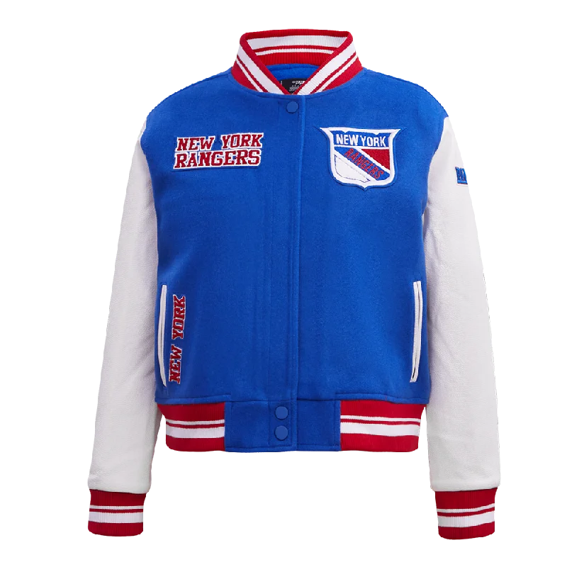 casual coats for women -NHL NEW YORK RANGERS RETRO CLASSIC WOMEN'S RIB WOOL VARSITY JACKET (ROYAL BLUE/RED)