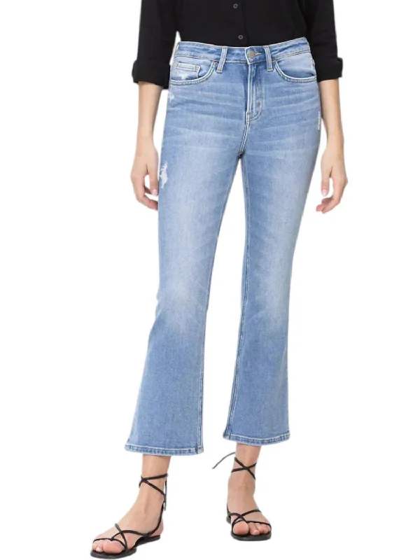 trendy two-tone jeans for ladies -Sprightly High Rise Crop Flare Jeans In Blue