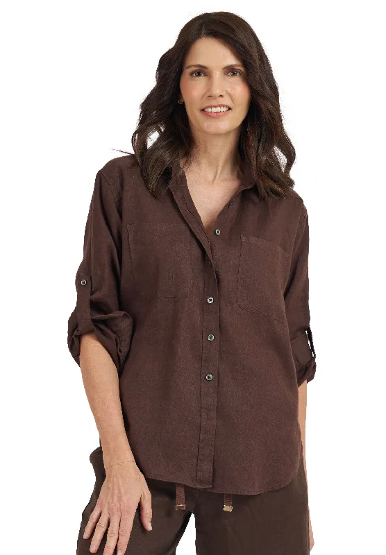 women's office wear short sleeve top -Luna Coffee Oversized Linen Shirt with Pockets