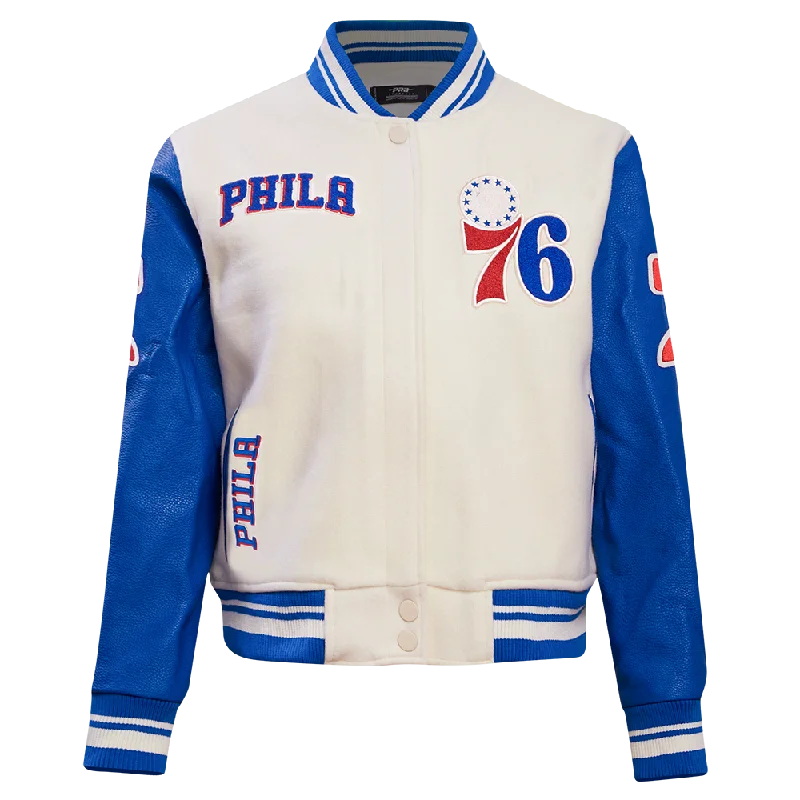 casual linen jacket for women -NBA PHILADELPHIA 76ERS RETRO CLASSIC WOMEN'S RIB WOOL VARSITY JACKET (EGGSHELL/ROYAL BLUE)