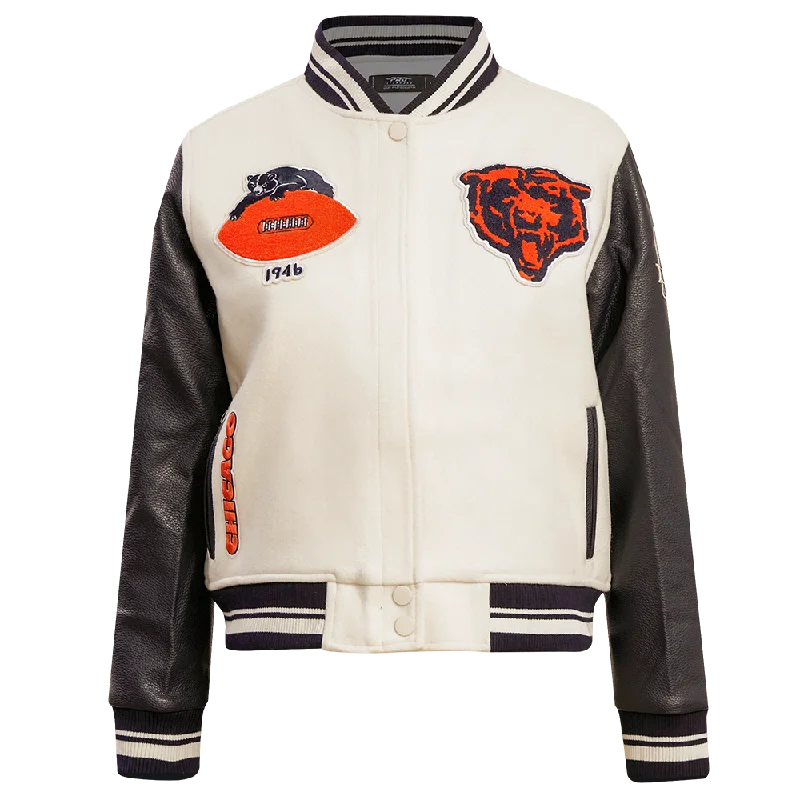 double-layered long coat for women -NFL CHICAGO BEARS RETRO CLASSIC WOMEN'S RIB WOOL VARSITY JACKET (EGGSHELL/ MIDNIGHT NAVY)