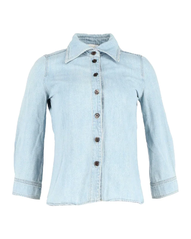 women's fur-trimmed parka -Chloe 3/4 Sleeve Shirt in Light Blue Denim