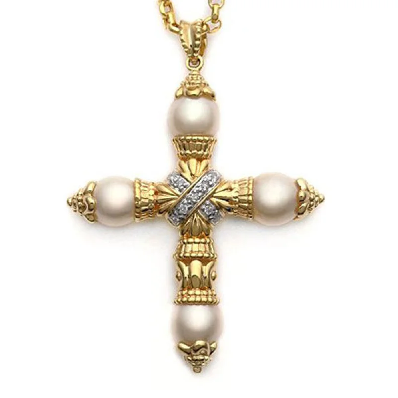 military-style coat for women -14k Yellow Gold Cultured Pearl and Diamond Cross Pendant