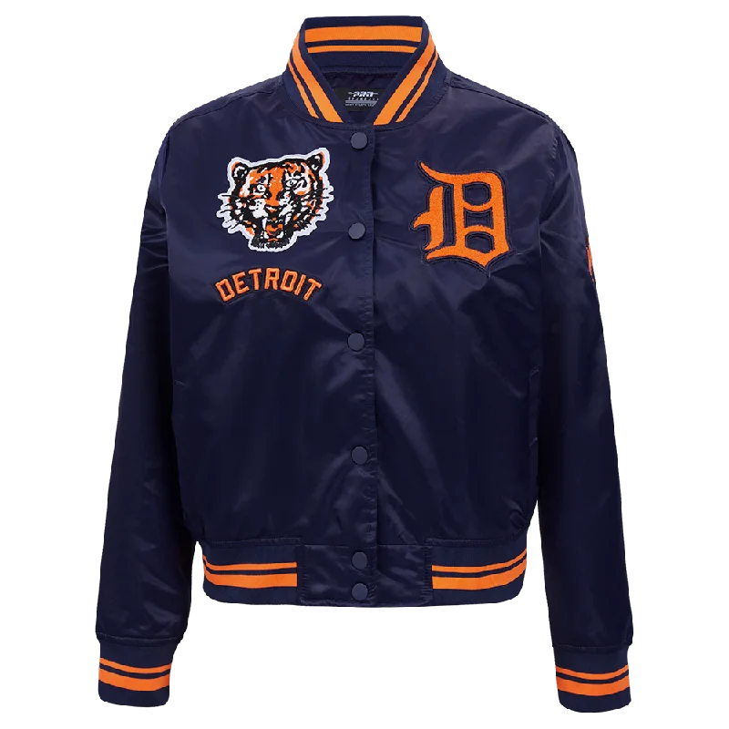 women's asymmetrical zip jacket -MLB DETROIT TIGERS RETRO CLASSIC WOMEN'S RIB SATIN JACKET (MIDNIGHT NAVY/ORANGE/ MIDNIGHT)