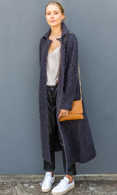 women's fur-trimmed parka -Alysi Mohair Coat - Charcoal