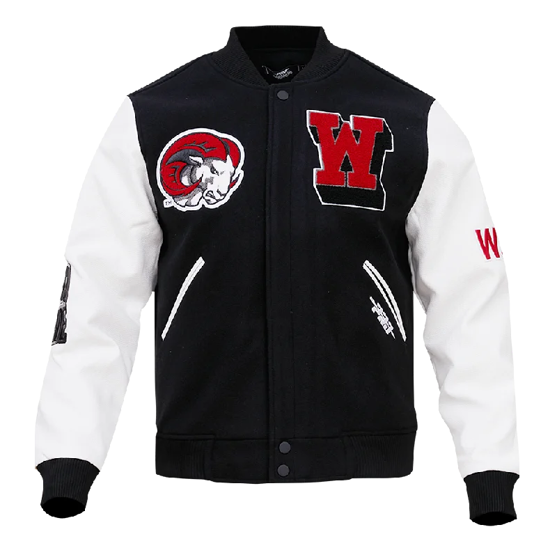 long elegant trench coat for women -WINSTON SALEM STATE UNIVERSITY CLASSIC WOOL VARSITY JACKET (BLACK/WHITE)