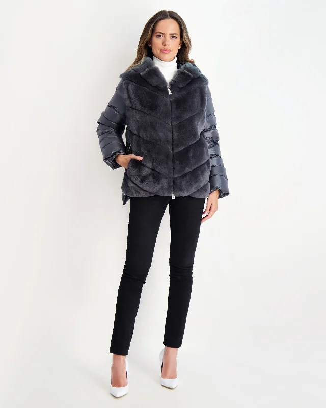 ladies' lightweight anorak coat -Chevron Rex Rabbit Zip Jacket with Quilted Detailing