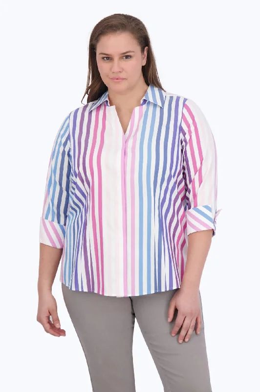 ladies' striped short sleeve top -Taylor Plus Pinpoint No Iron Ombre Stripe Shirt