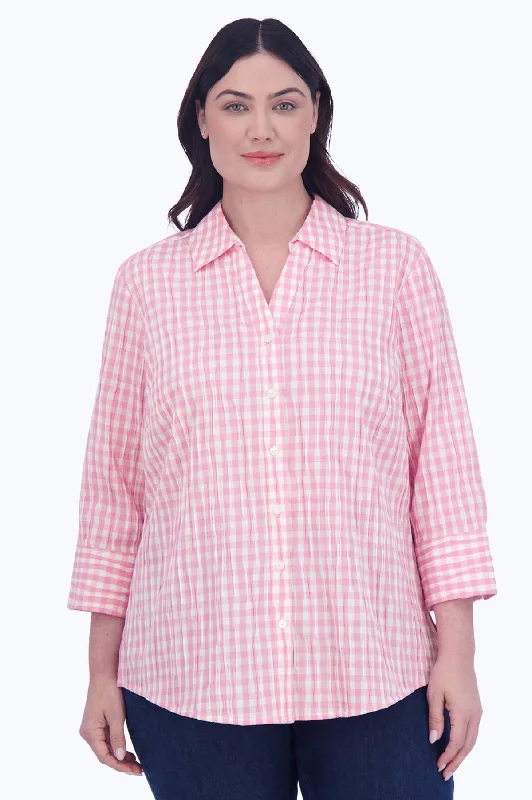 workout-friendly short sleeve tops for women -Mary Plus Crinkle Gingham Combo Shirt