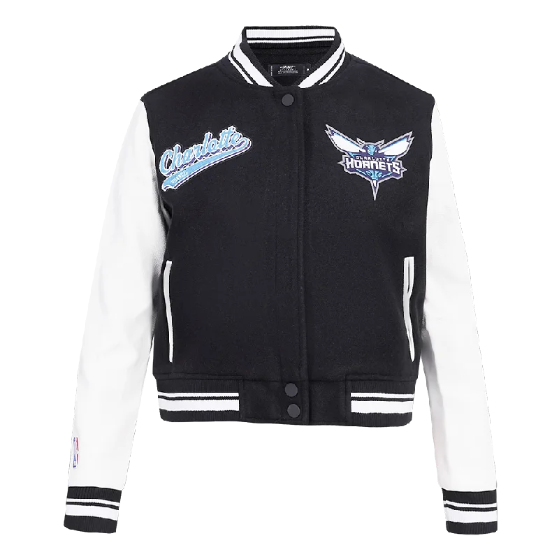 elegant long coat for women -NBA CHARLOTTE HORNETS SCRIPT TAIL WOMEN'S WOOL VARSITY JACKET (BLACK/WHITE)