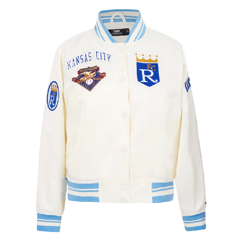 trendy plaid coat for women -MLB KANSAS CITY ROYALS RETRO CLASSIC WOMEN'S RIB SATIN JACKET (EGGSHELL/ UNIVERSITY BLUE)