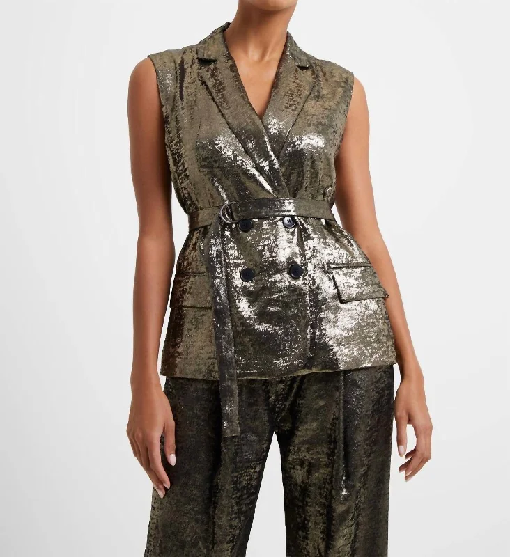 sleek satin bomber jacket for women -Alara Molten Sleeveless Gilet In Metallic