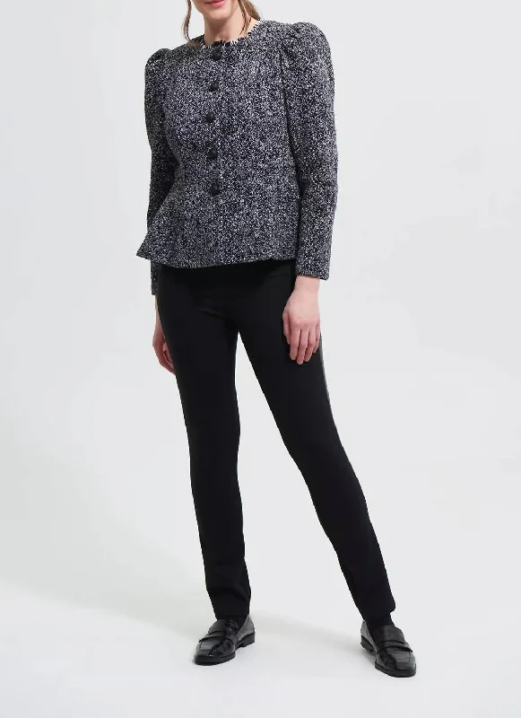 ladies' longline puffer coat -Boucle Jacket With Roped Shoulders In Black/grey