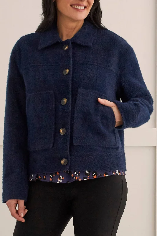 casual coats for women -Button Front Lined Jacket In Sapphire