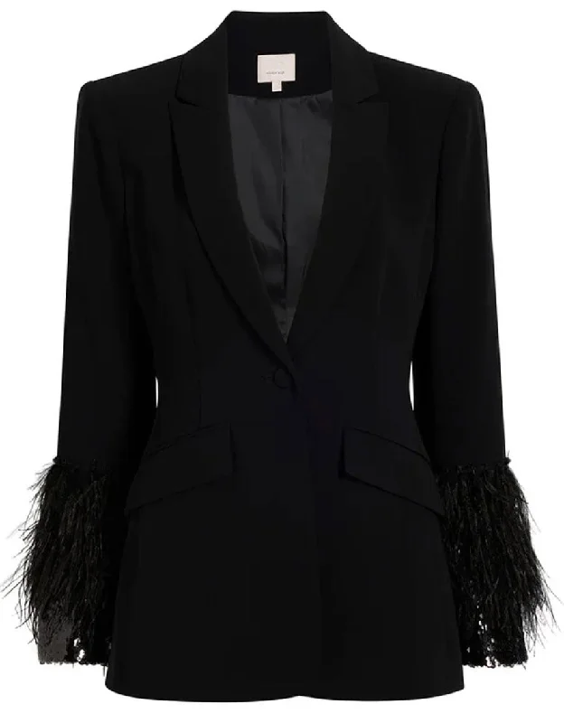 women's double-breasted coat -Cinq A Sept Women Lilac Vine Cheyenne Sequin Feather Trim Blazer Jacket Black