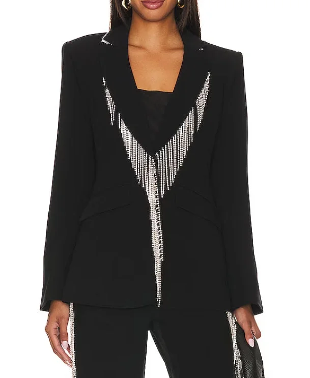 casual oversized shacket for women -Cinq a Sept Women Rhinestone Fringe Embroidered Cheyenne Blazer Black