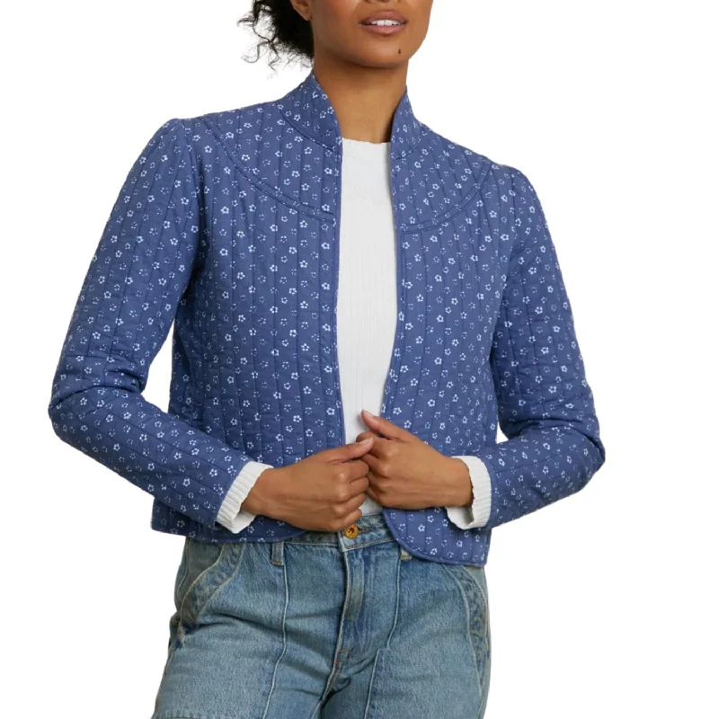 breathable softshell jacket for women -Daisy Crop Quilted Jacket In Indigo Flower