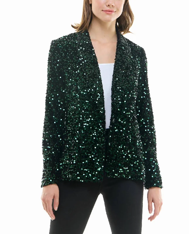 ladies' insulated ski jacket -Dani Velvet Sequin Jacket In Emerald