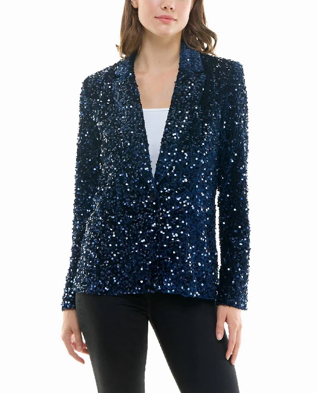 ladies' waterfall drape coat -Dani Velvet Sequin Jacket In Navy