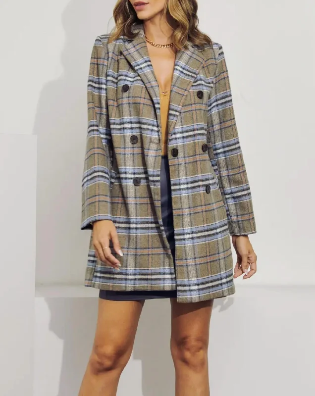 luxury designer winter coat for women -Double-Breasted Checked Coat In Taupe