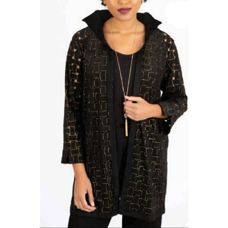 ladies' long hooded winter coat -Faux Suede Shimmer Topper In Black With Gold Shimmer